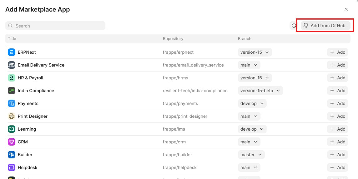 Add Marketplace App interface showing available apps